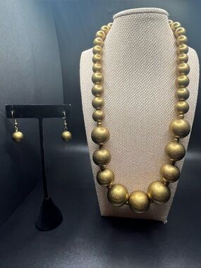 Vintage Bold Gold Beaded Statement Necklace with Matching Earrings